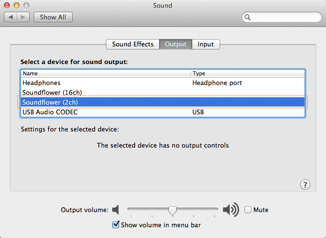 SoundFlower für die Tonausgabe verwenden (Systemeinstellungen > Ton > Ausgabe)